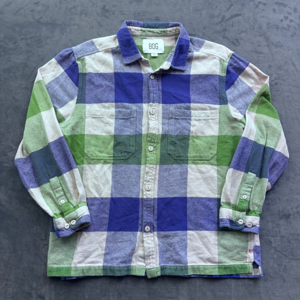 BDG Mens Blue Green Plaid Flannel Button Down Shirt Large L Long Sleeve Pockets